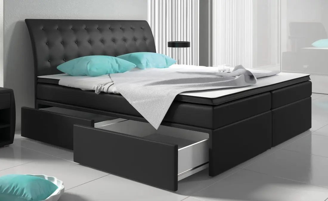 Elegant boxspring bed with side storage drawers and upholstered headboard