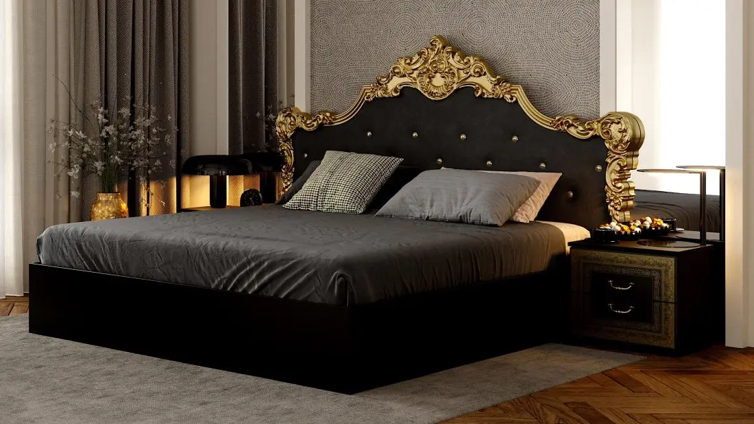 Stylish bed with golden polyurethane crown and upholstered headboard, made of high-quality laminated board