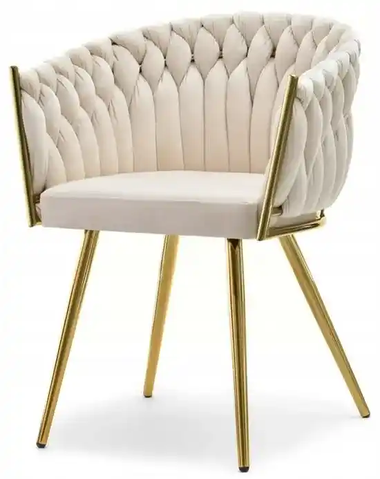 Beige upholstered armchair in glamour style with gold legs