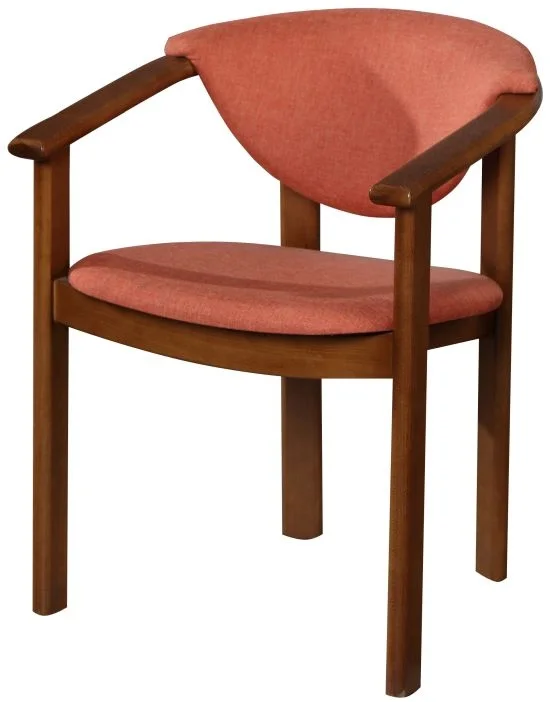 Comfortable wooden dining armchair with padded seat and backrest, featuring warm-toned upholstery