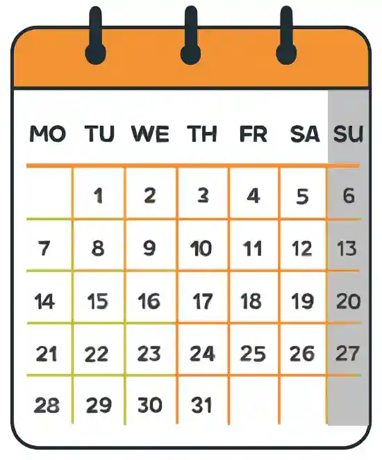 Calendar highlighting delivery days from Monday to Saturday, with Sunday greyed out