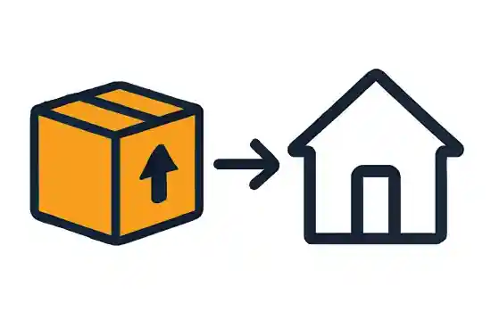 Icon showing a package with an arrow pointing to a house, symbolizing furniture delivery inside the home