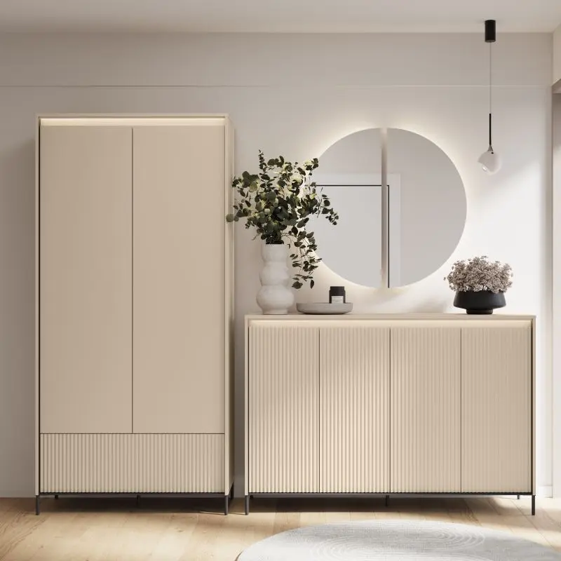 Beige hallway furniture set with fluted fronts and top crown lighting – wardrobe and sideboard