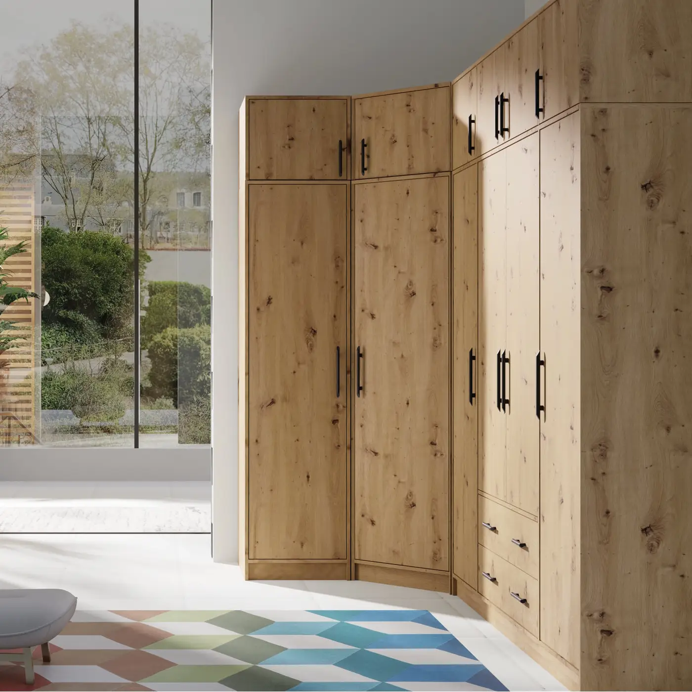 Corner wardrobe with modular design in laminated oak artisan finish, dimensions 300x150 cm
