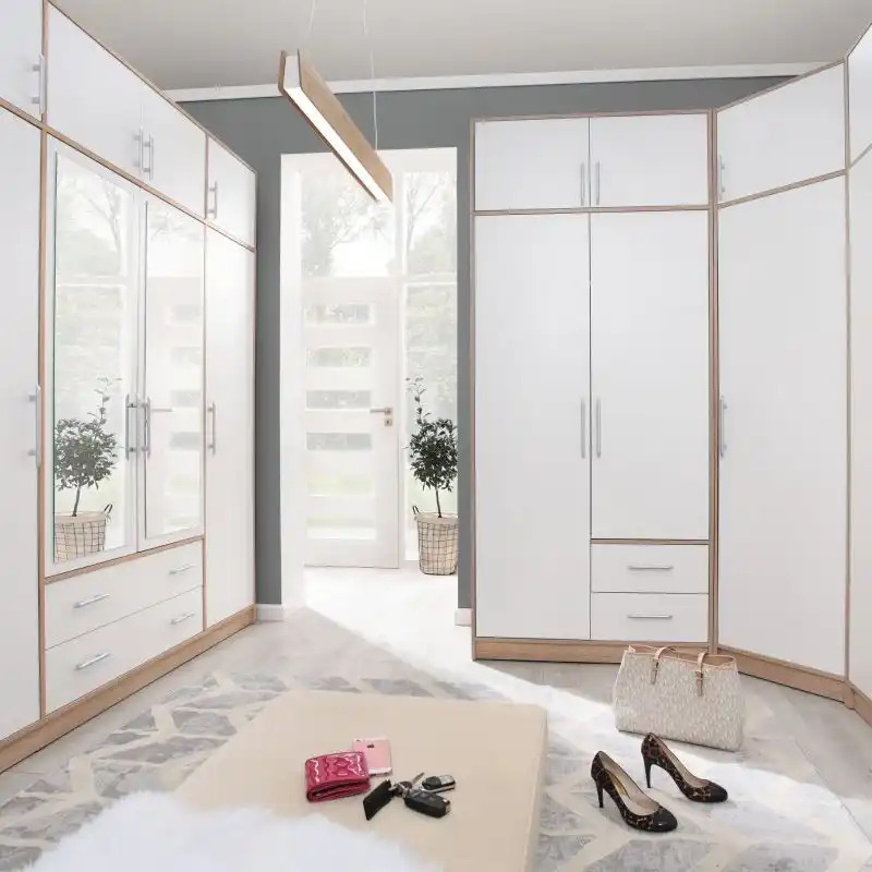 Modular wardrobe set with 4 cabinets in white matt and Sonoma oak finish, including mirror doors and top units