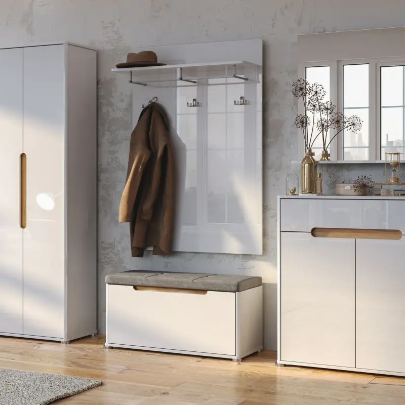 White gloss entryway furniture set with wardrobe, bench, coat hooks, and cabinet