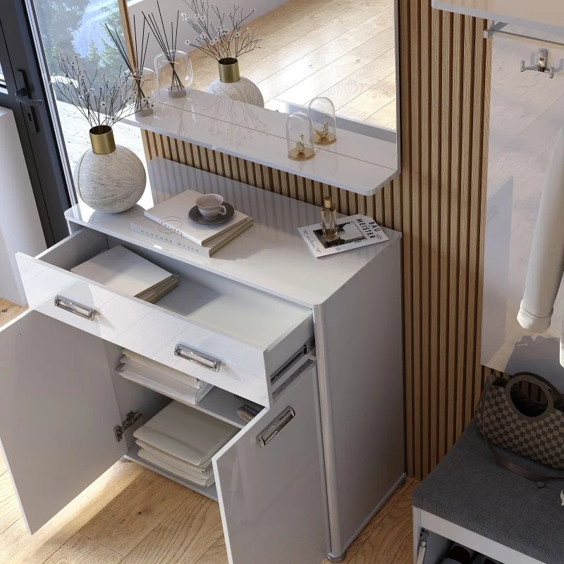 Close-up of hallway furniture in white gloss finish with mirror, cabinet and coat hooks