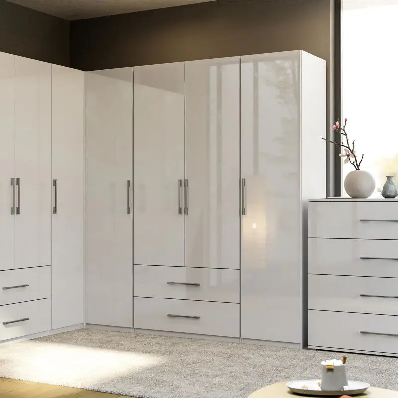 White gloss modular wardrobe set with corner units and matching dresser