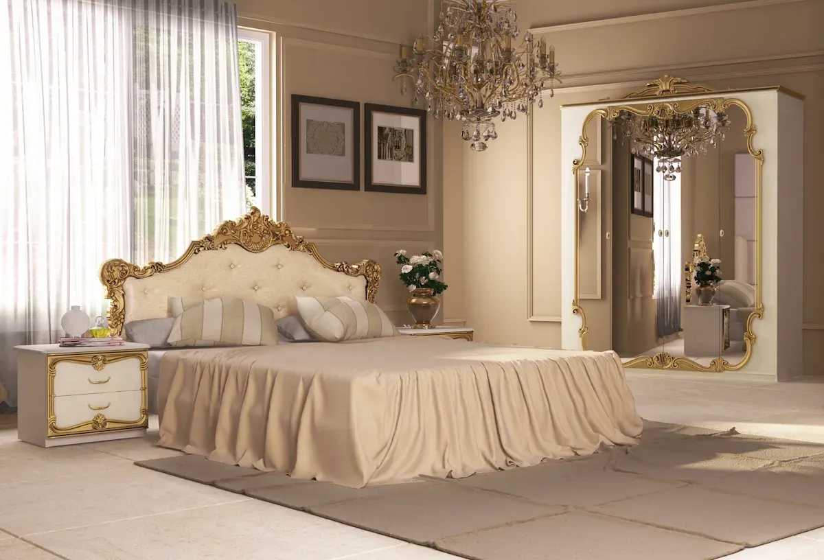 Elegant classic bedroom with a tufted bed and gold accents