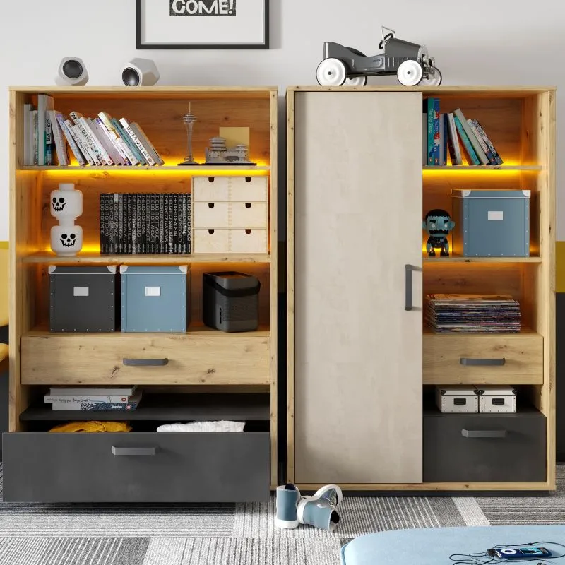 Youth bookshelves with LED lighting, featuring open shelves and closed storage compartments for books and personal items