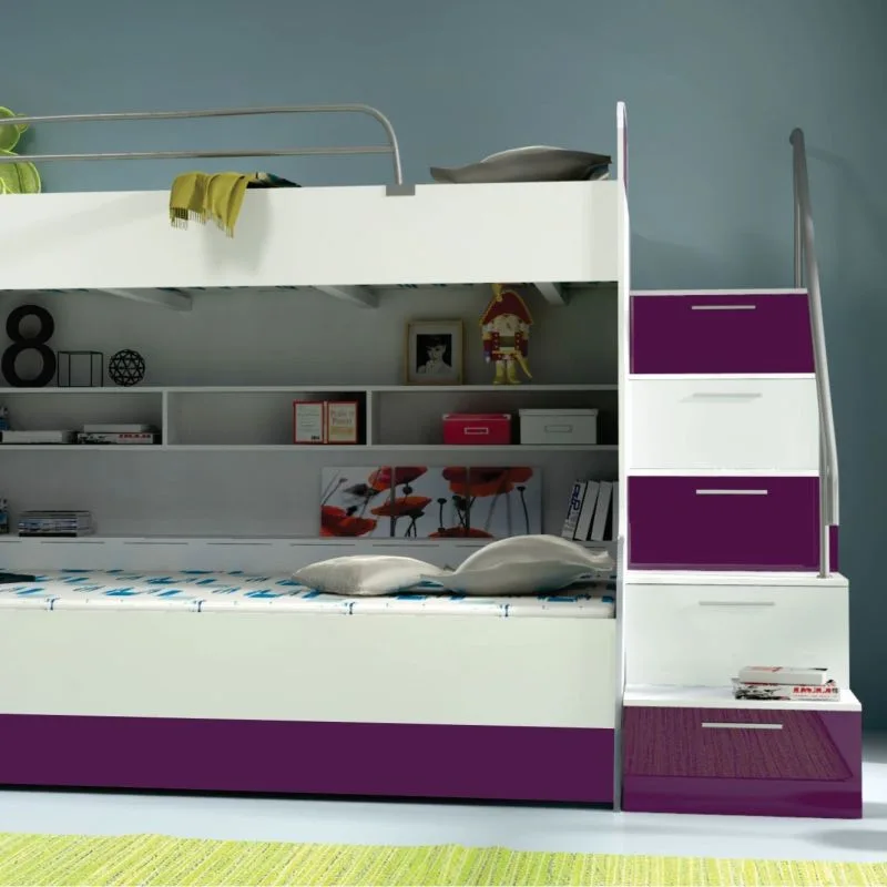 Bunk bed with stairs in white and purple high gloss finish, featuring storage shelves and a modern design