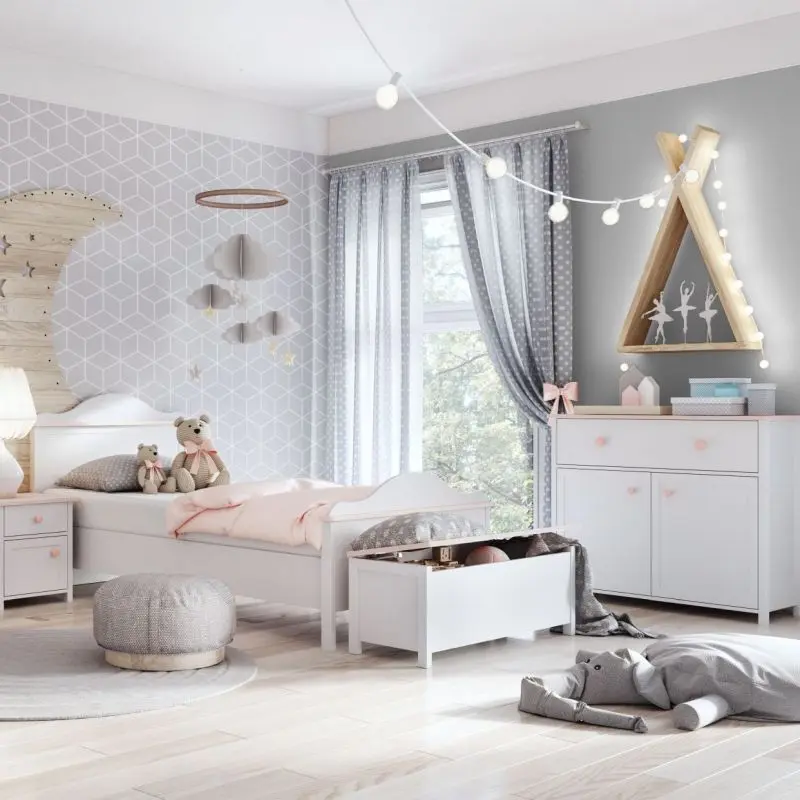Furniture set for a child's room with a bed, wardrobe, chest of drawers, bedside tables, and a toy storage chest, all in white with pink accents
