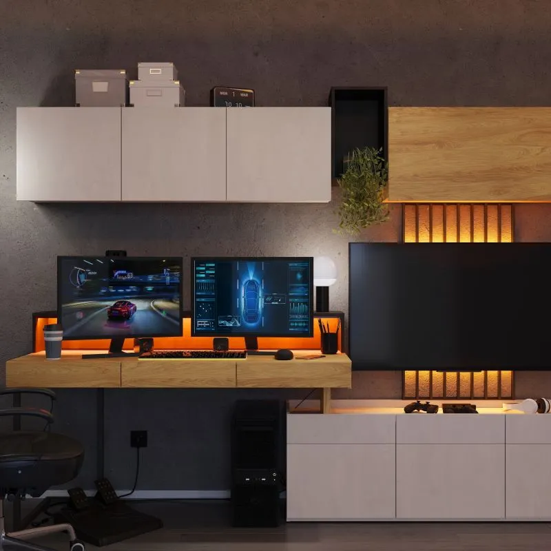 Gaming desk setup with dual monitors, TV panel, storage cabinets, and LED lighting