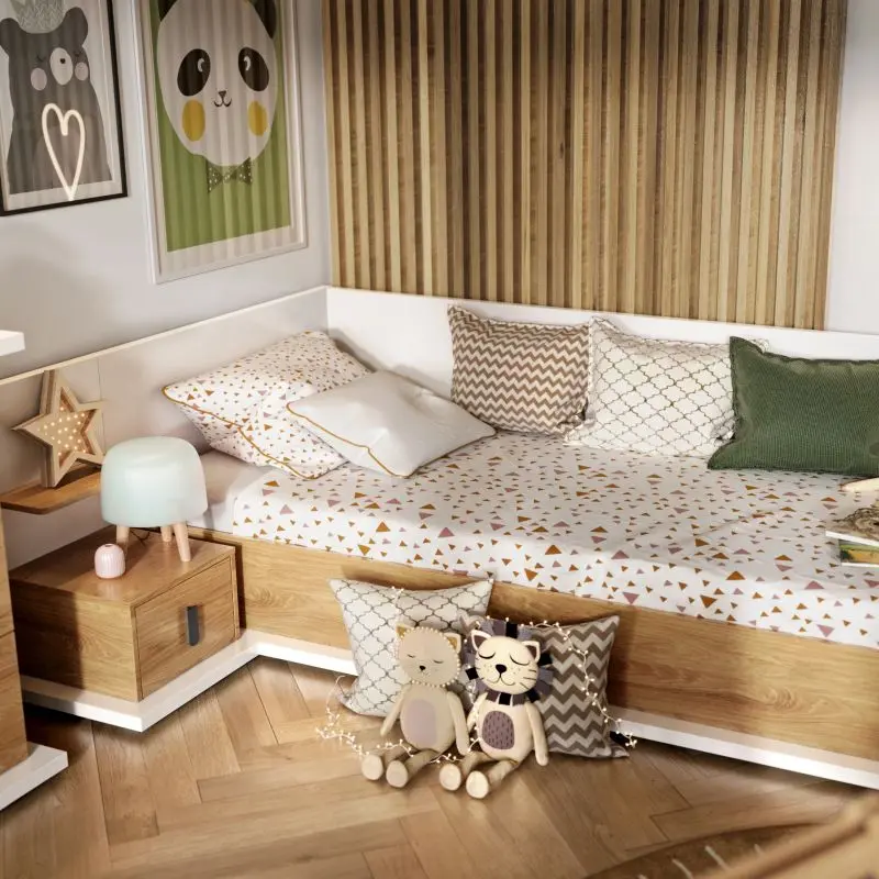 Children's bed (90x200 cm) with a mattress and a nightstand, left-side opening design, also available in a right-side version
