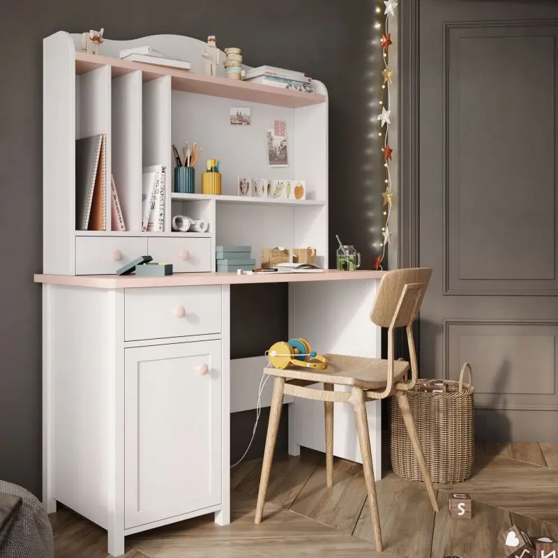 Children's desk with a shelf for accessories, in white with pink accents, featuring drawers and open storage spaces