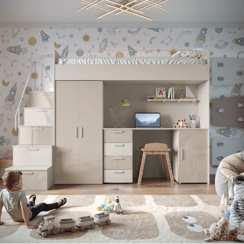 Children’s loft bed set in cashmere gloss with desk, wardrobe, and storage stairs