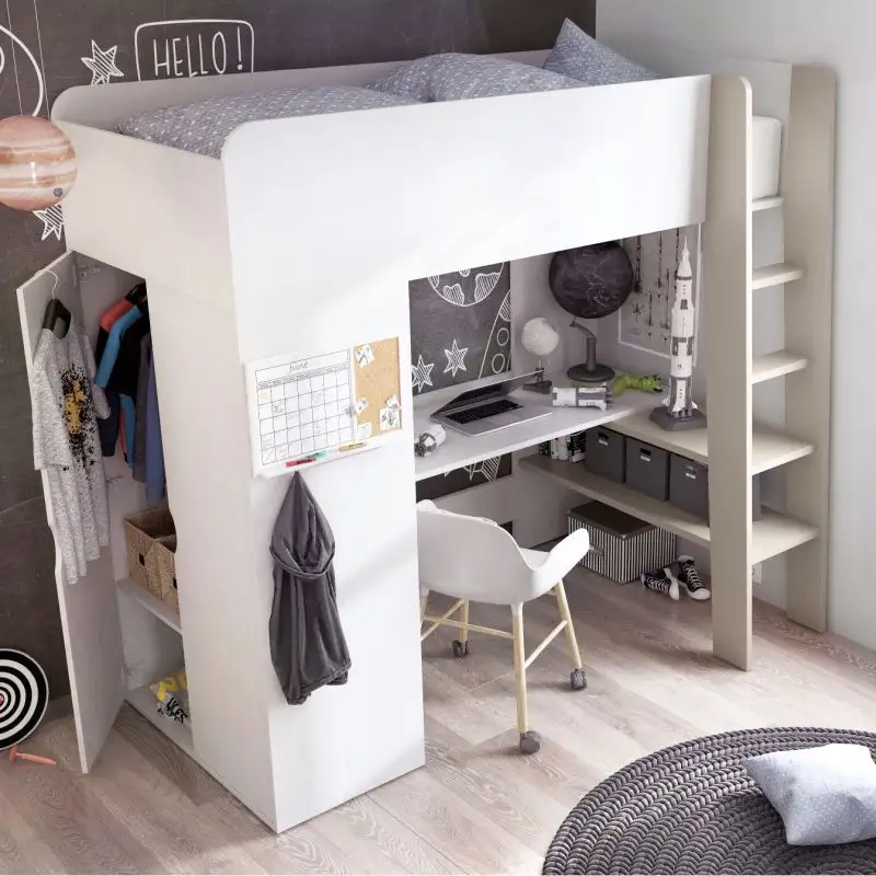 Loft bed with integrated wardrobe and desk, complete with a mattress, perfect for a child's room