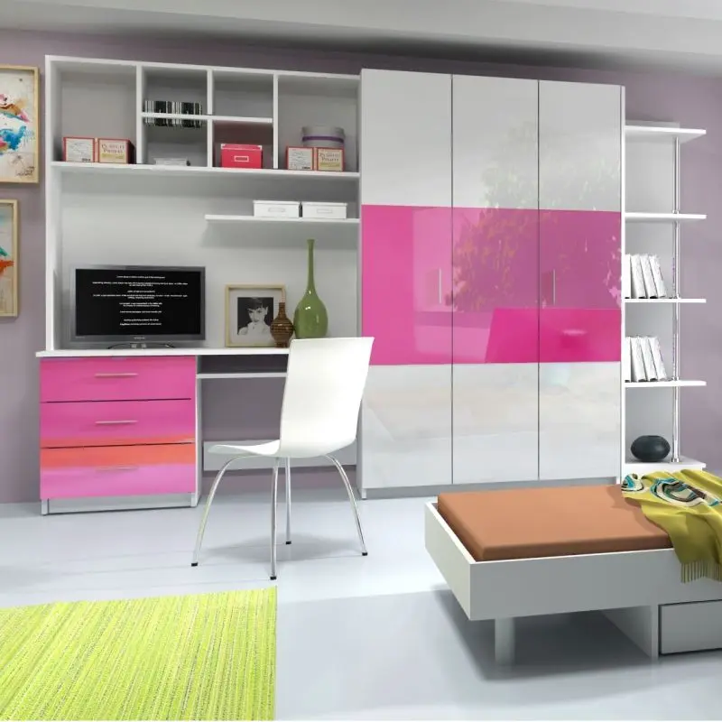 White and pink glossy bedroom set for teens, including a wardrobe, desk with hutch, bookshelf, bed, and nightstand