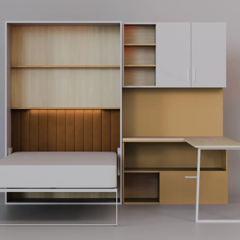 Youth wall bed with integrated lighting and corner desk in yellow color scheme