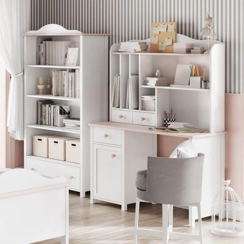 Children's desk with shelves in white and pink (powdered) style, perfect for a child's room