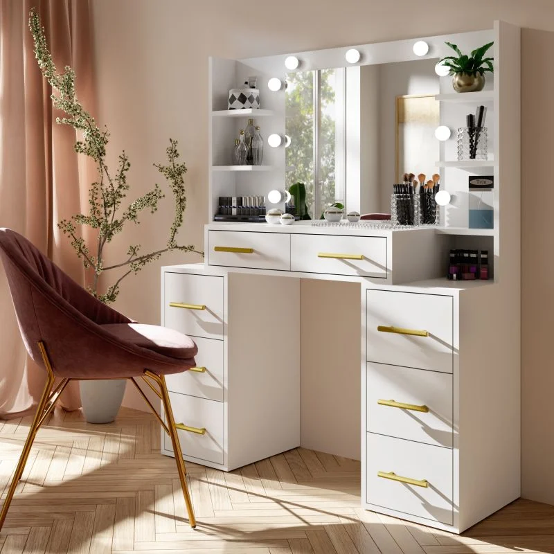White vanity table with drawers and LED lights, perfect for makeup storage and styling