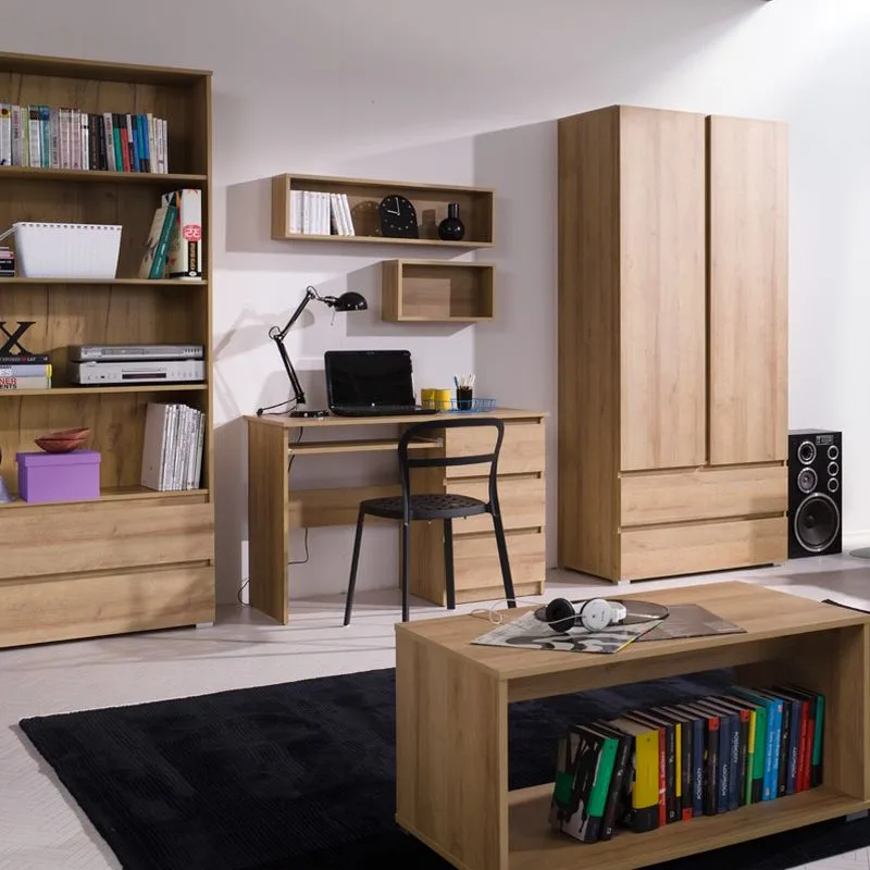 Youth furniture set in oak laminate, including bookshelf, desk, wardrobe, and bed