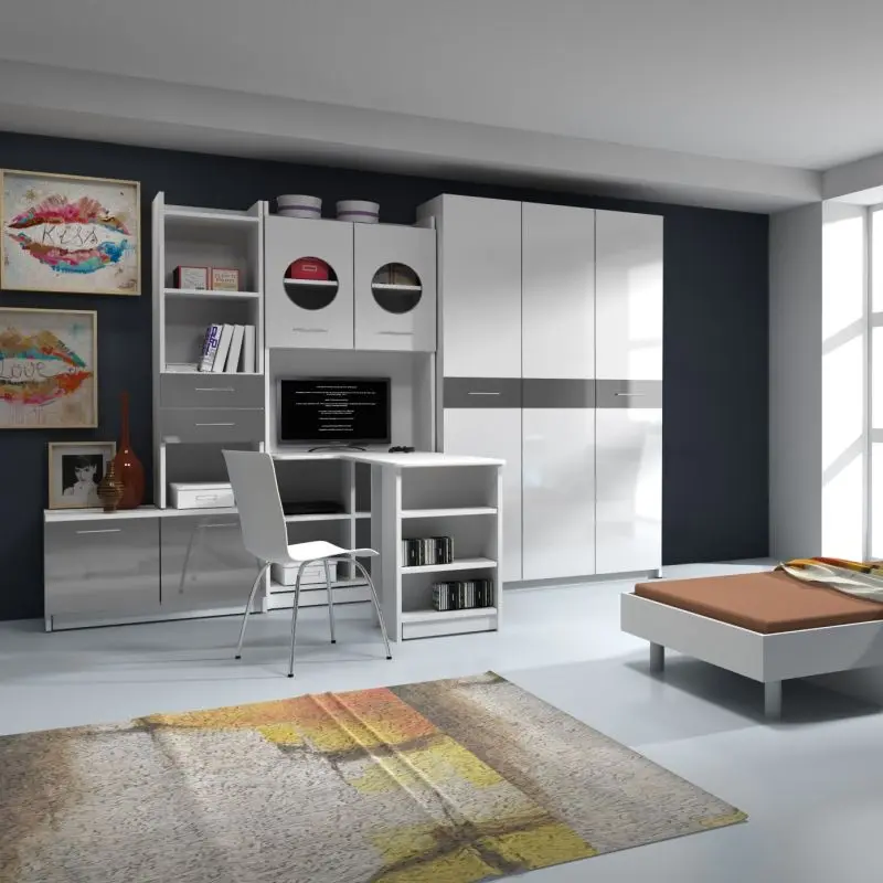 Youth bedroom furniture in white and grey high gloss, featuring a corner desk and wardrobe