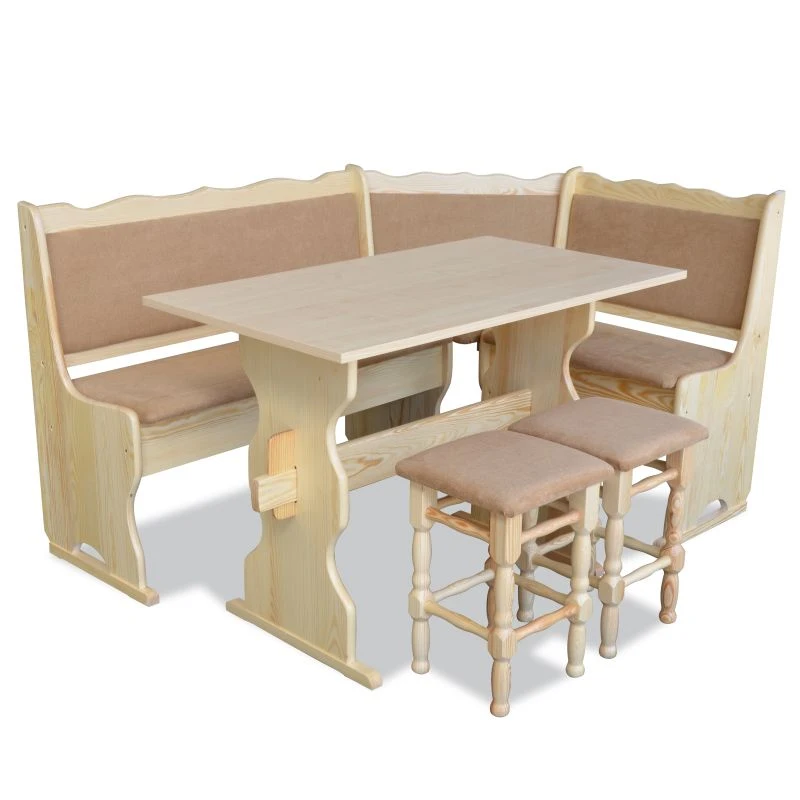 Pine kitchen corner set in Sonoma color, complete with matching table and upholstered stools in a rustic cottage style