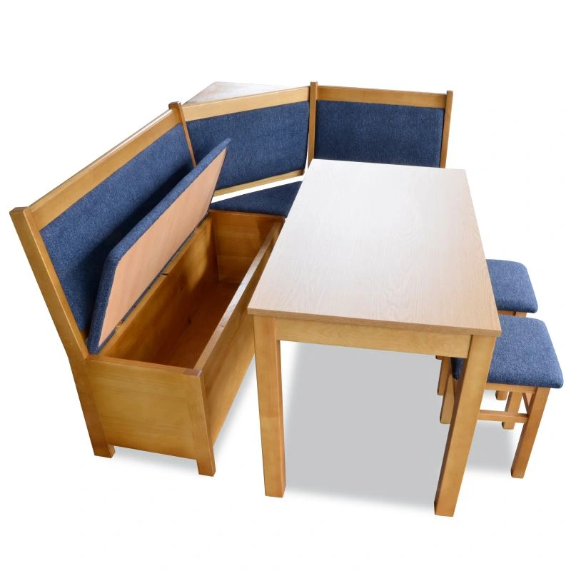Upholstered kitchen corner set with deep under-seat storage and a four-legged wooden table