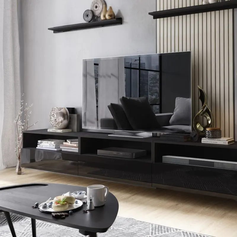 Black gloss TV stand with drawers and open shelves for modern living rooms