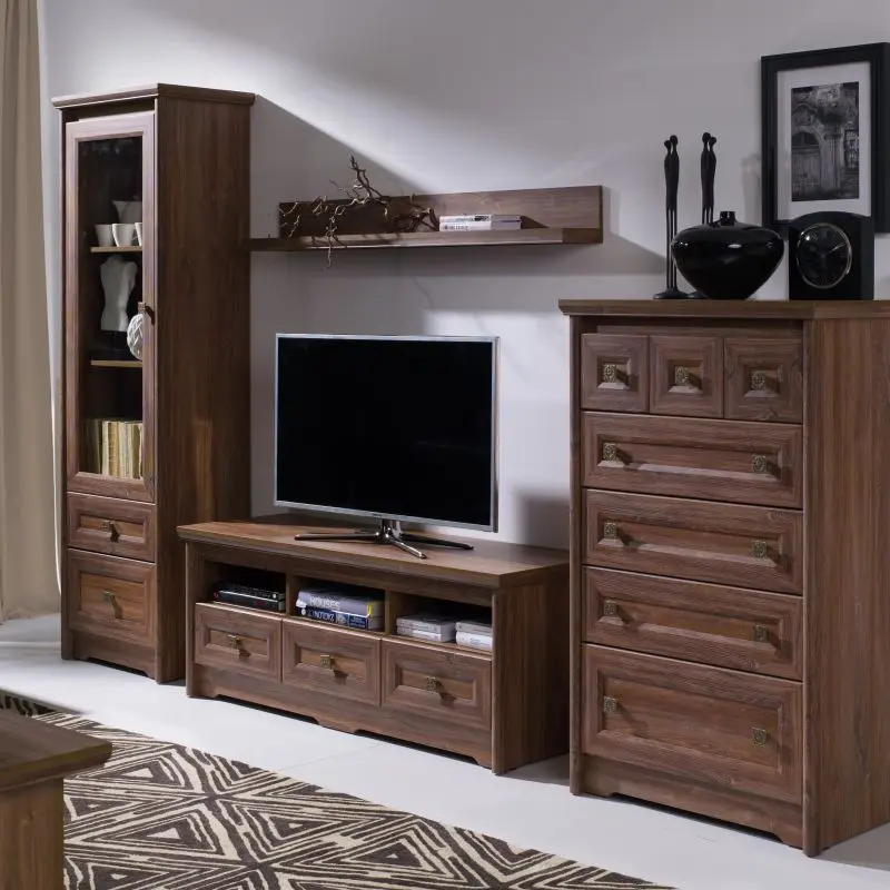 Dark oak living room furniture set with TV stand, display cabinet, and classic chest of drawers in traditional style