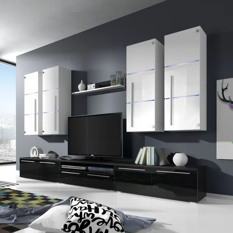Modern living room with a black and white glossy wall unit, featuring shelves, a TV stand, and glass shelving with LED lighting