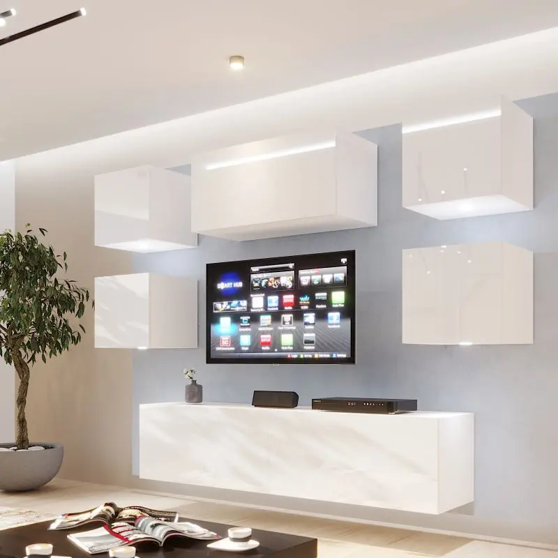 Modern white gloss wall-mounted TV unit with LED lighting and floating cabinets
