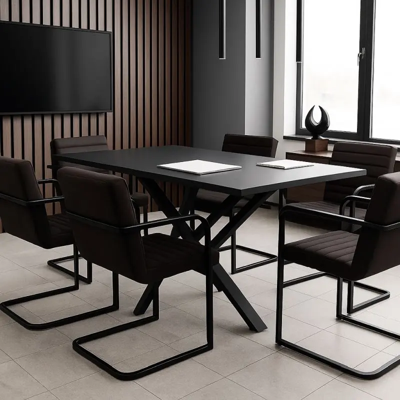 Modern conference room table with six cantilever chairs, designed for meetings, brainstorming, and business decision-making