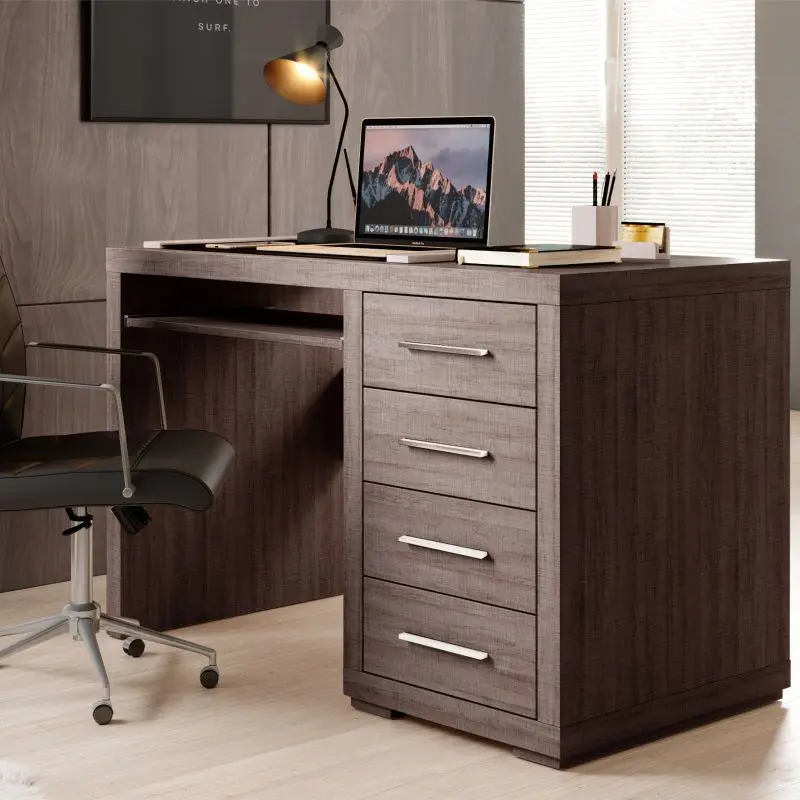 Dark executive office desk with four drawers, modern design, ideal for home office or workspace
