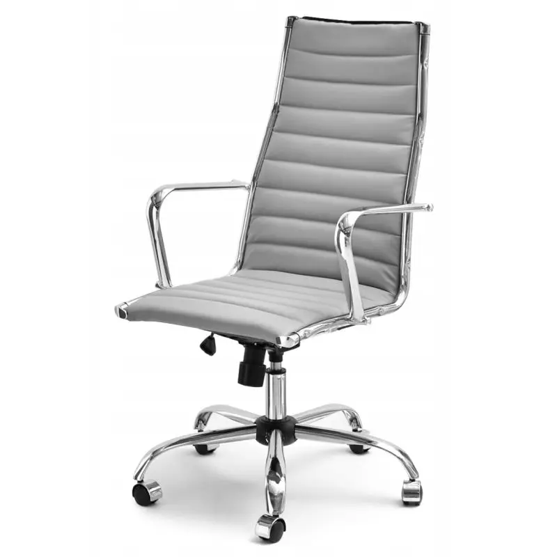 Modern office chair with grey upholstered seat and backrest, chrome armrests and base, on casters