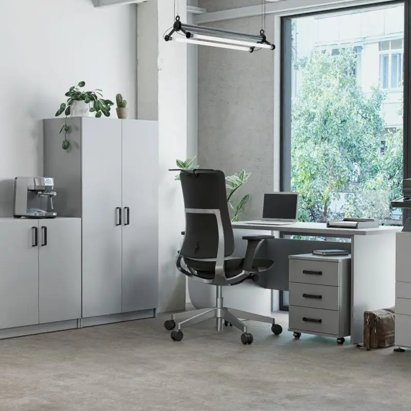 Light grey office furniture set with shelving units, cabinets, and desk – ideal for professional and modern workspaces