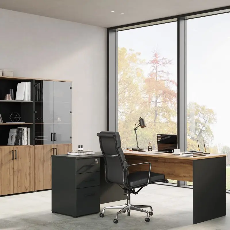 Modern corner office desk in oak and grey finish, matched with low and high storage cabinets in the same style