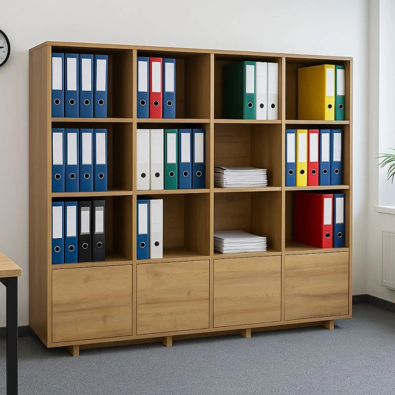 Oak-effect shelving unit with open compartments and bottom cabinets