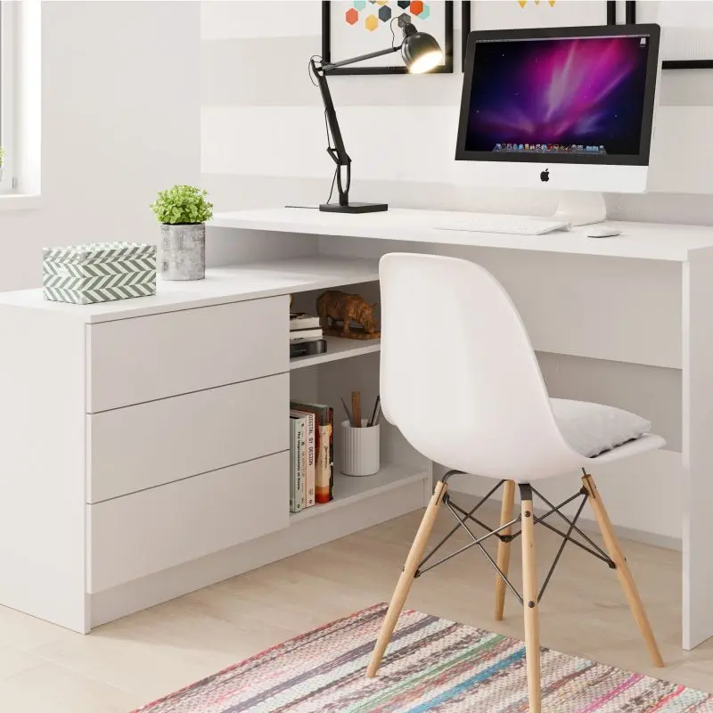 White corner desk with drawers and open shelf, perfect for a modern home office workspace