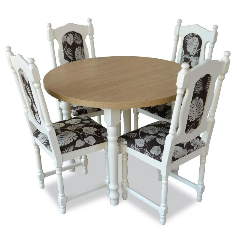 Classic solid beech dining set with oak top and white turned legs – rustic style