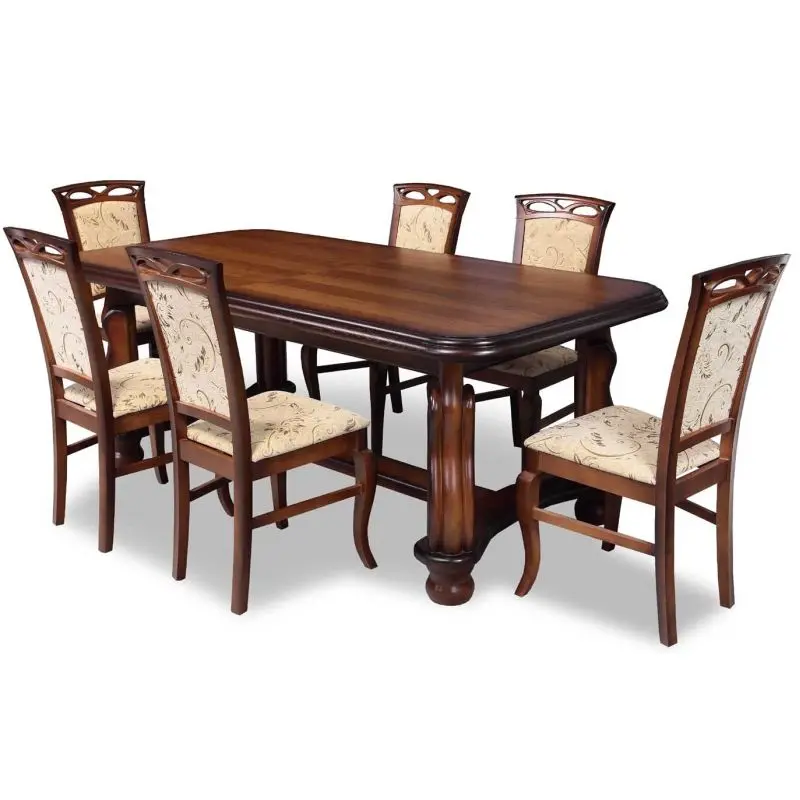 Elegant wooden dining table with six classic chairs