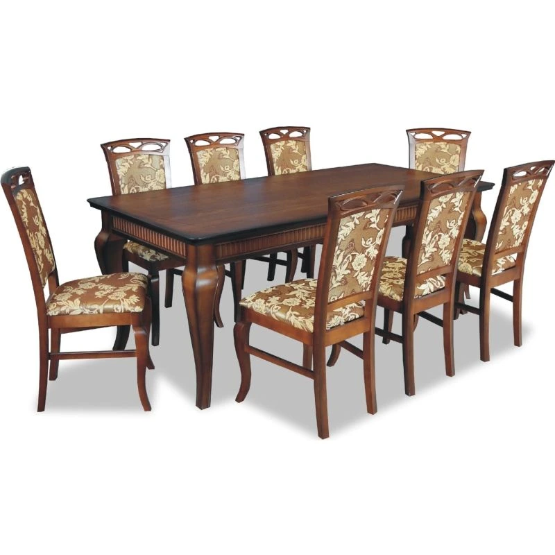 Elegant wooden dining set with 8 upholstered chairs and a large table featuring a decorative carved apron and curved legs