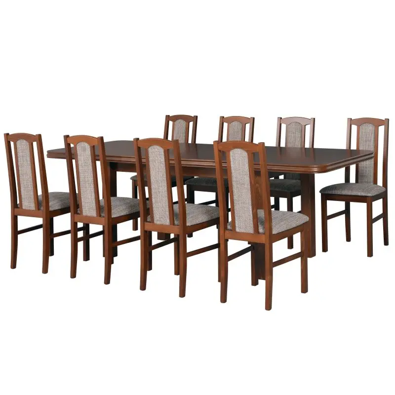 Classic extendable dining table with 8 upholstered wooden chairs in warm walnut finish
