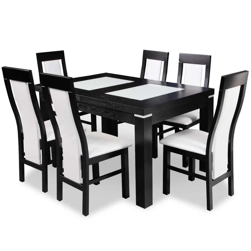 Contemporary black dining table with glass panels and six chairs upholstered in light faux leather upholstery