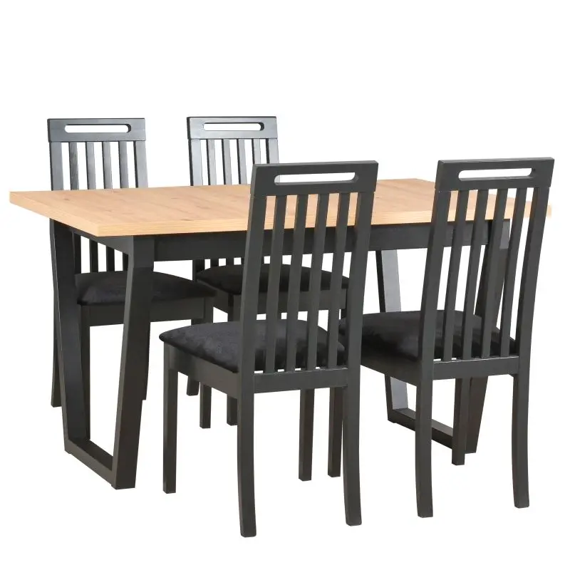 Modern dining table set with black metal legs and upholstered chairs in black