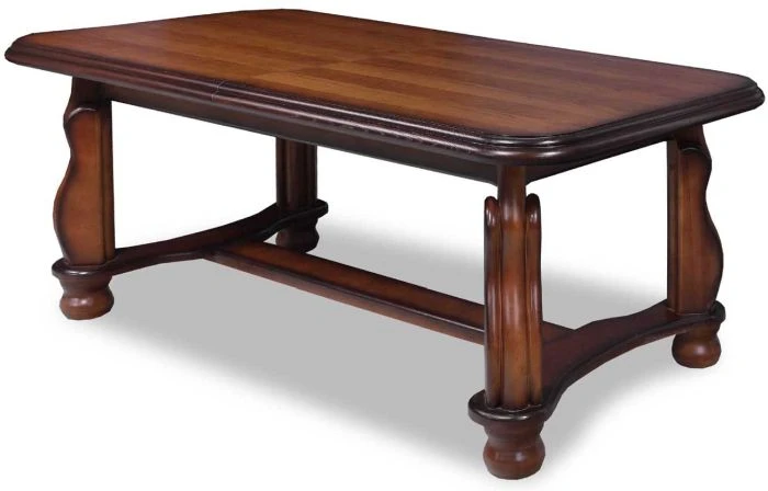 Solid wood dining table with a billiard-style shape, decorative carved legs, and a sturdy wooden base for stability