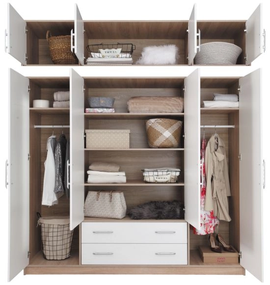 Spacious hinged wardrobe with a top unit and drawers, featuring multiple compartments for organized storage of clothes, accessories, and household items