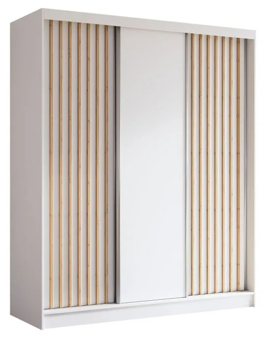 A modern sliding wardrobe with vertical slatted panels in contrasting wood tones, featuring a central mirrored door